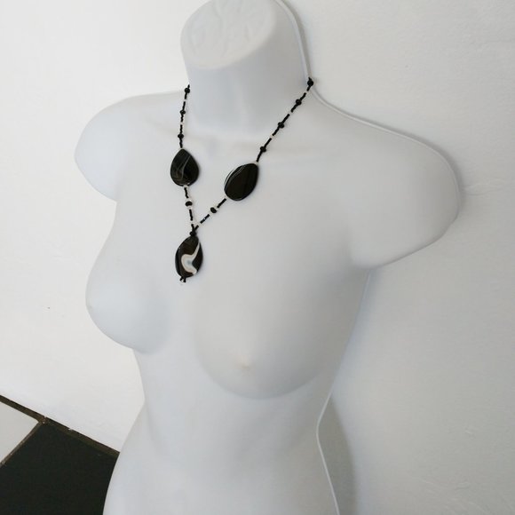 Black Beaded Statement Necklace With Agate Teardrop Pendants Handmade 19 Inches - Picture 4 of 12